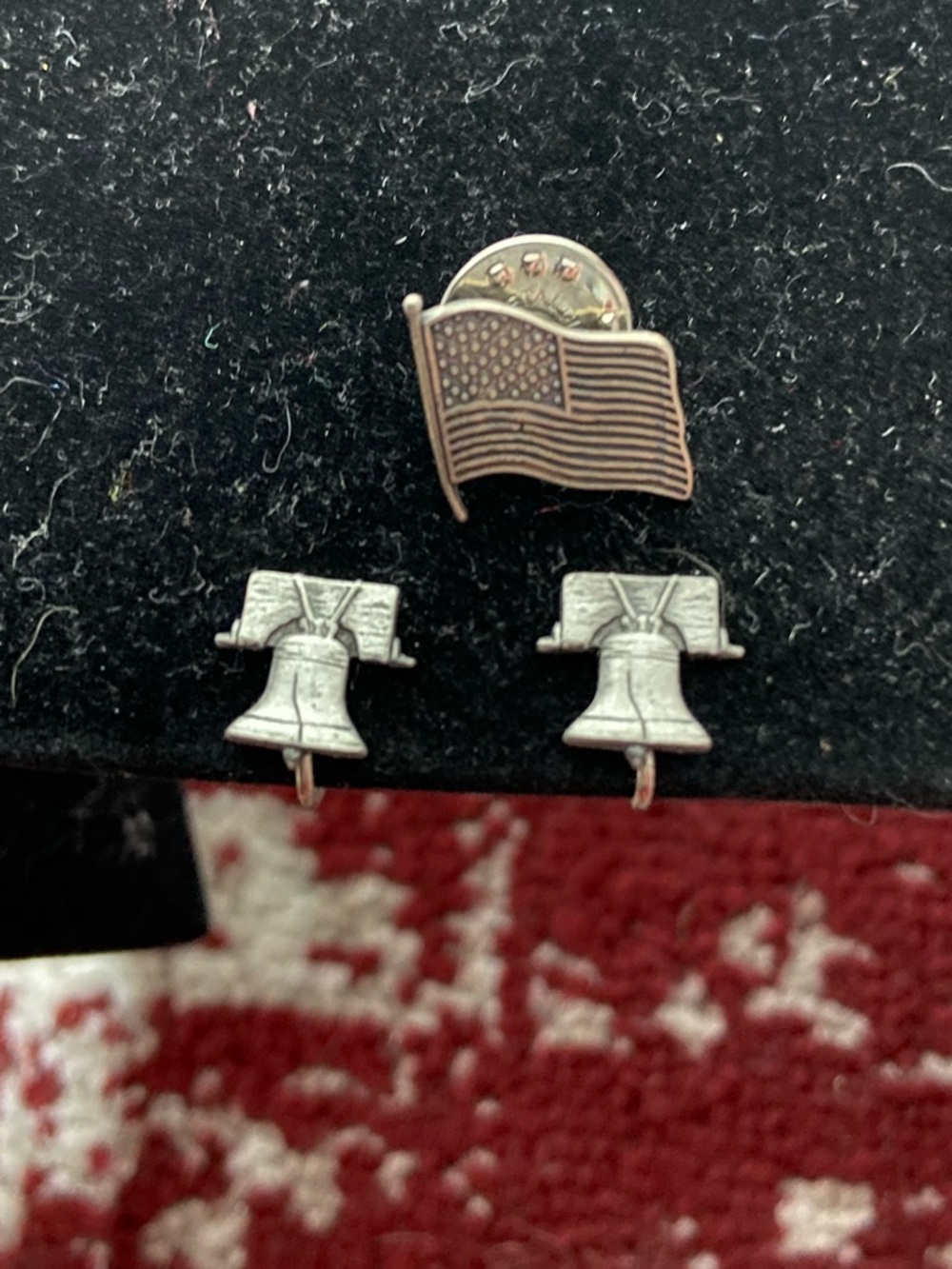 Pewter Tone Patriotic Flag Pin and Liberty Bell Screwback Earrings
